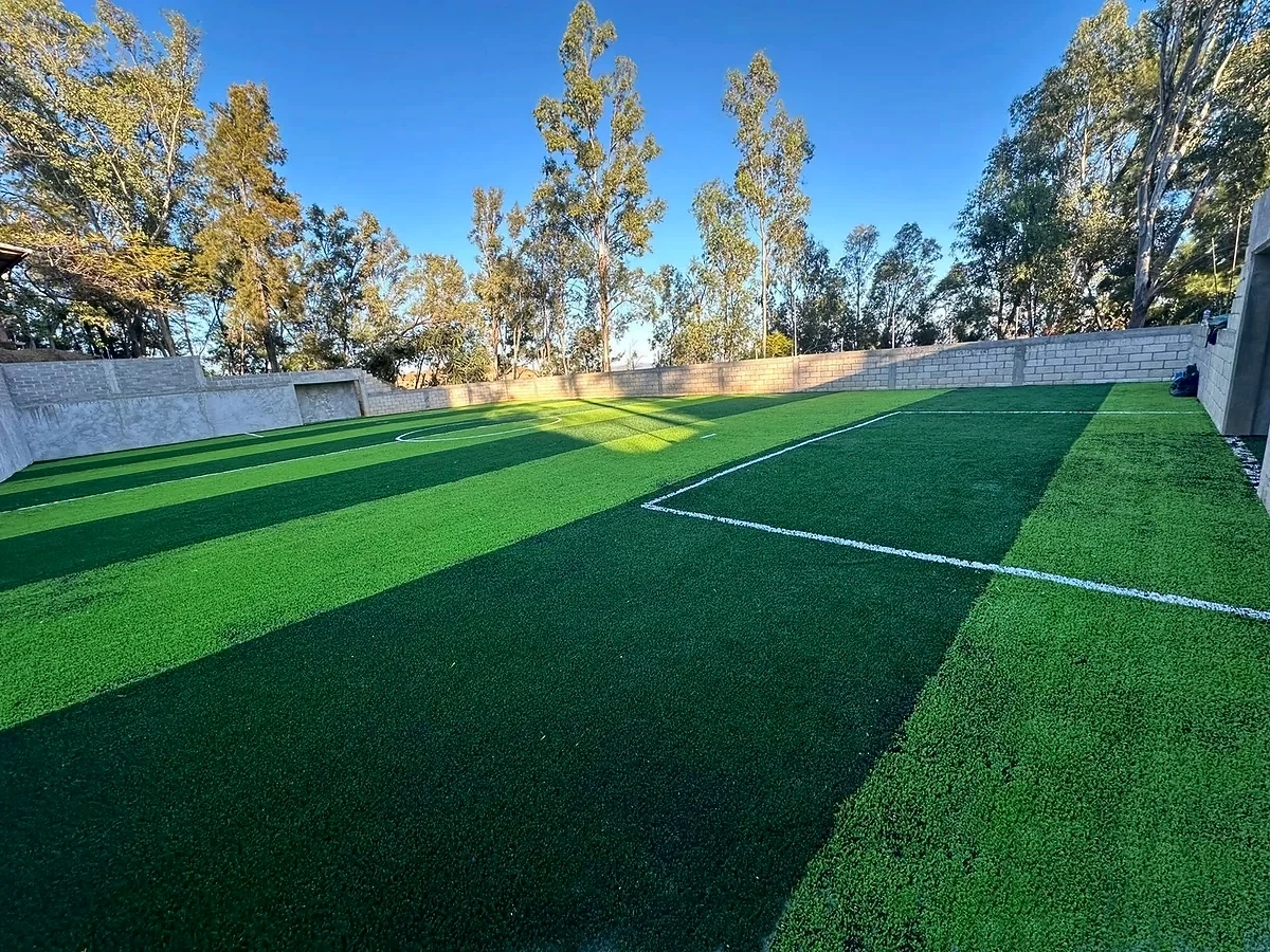 Cancha de fútbol 5 con pasto sintético en Sec. Téc. No. 122, Temalacatzingo, Guerrero: la cancha desde la línea lateral