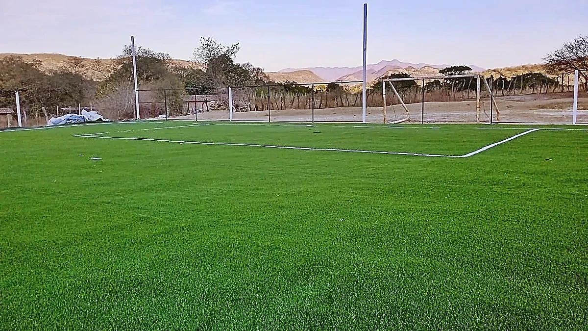 Detalle del pasto sintético de la cancha de fútbol 7 en Cutzamala de Pinzón (La Laja), Guerrero