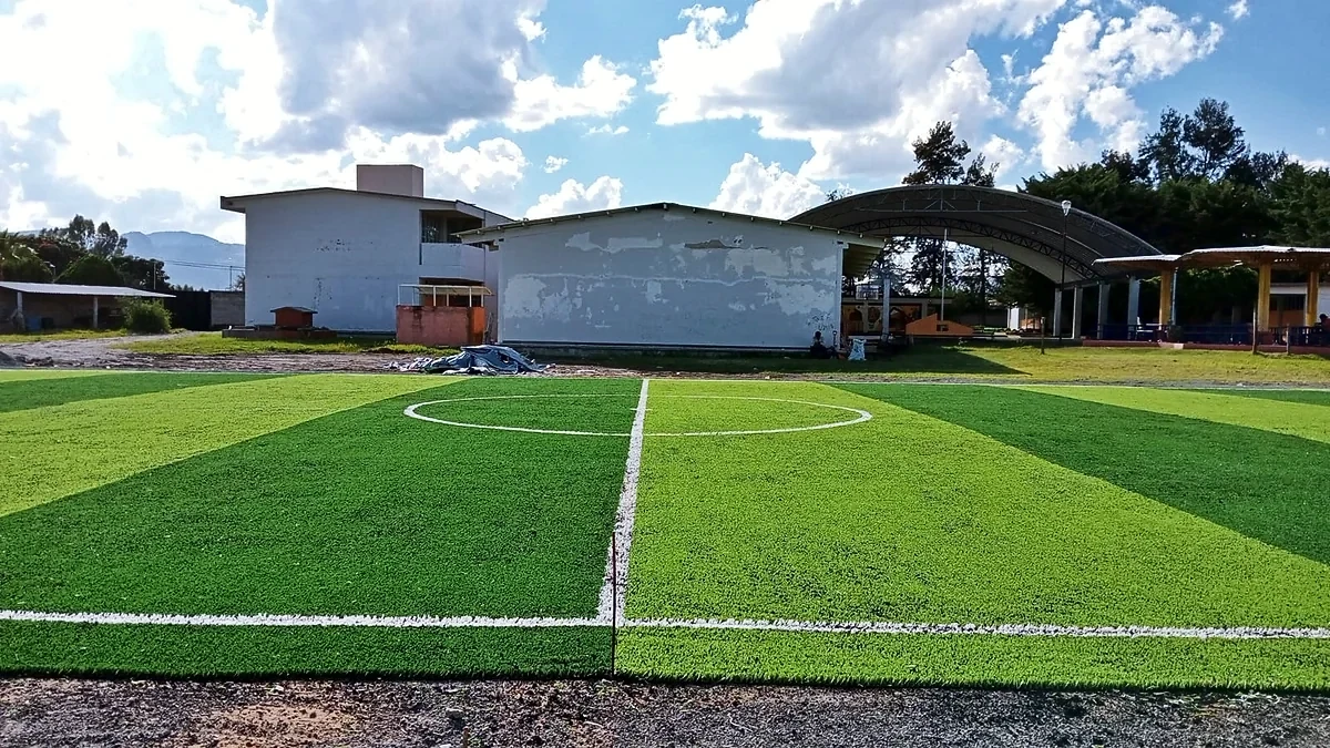 Cancha de fútbol 7 con pasto sintético en Escuela Secundaria Técnica Jesús Arizmendi Rogel, Pilcaya, Guerrero: la cancha desde la línea lateral