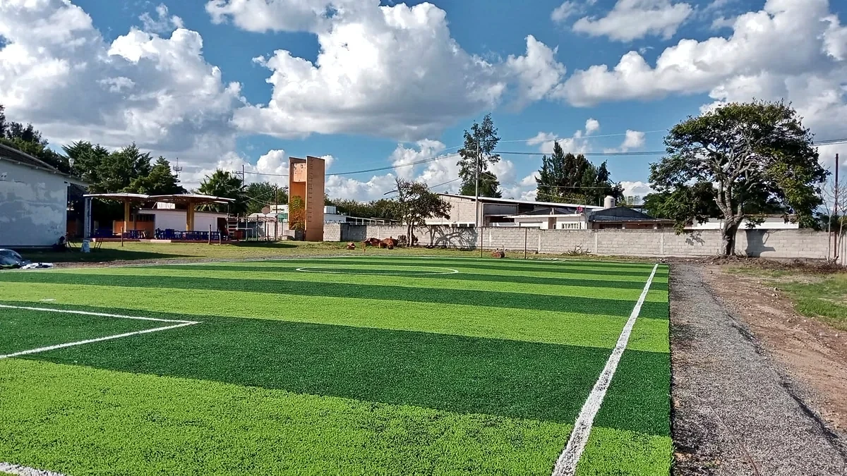 Cancha de fútbol 7 con pasto sintético en Escuela Secundaria Técnica Jesús Arizmendi Rogel, Pilcaya, Guerrero: la cancha desdel fondo