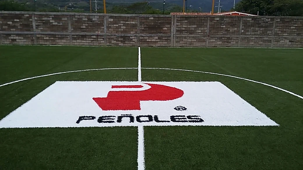 Cancha de fútbol 7 con pasto sintético en Mina Rey de Plata (Peñoles), Teloloapan, Guerrero: vista de la cancha y su entorno
