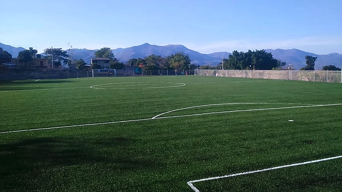 Cancha de fútbol soccer con pasto sintético en Campo deportivo de Peñoles, Apaxtla, Guerrero: líneas de juego insertadas en el pasto