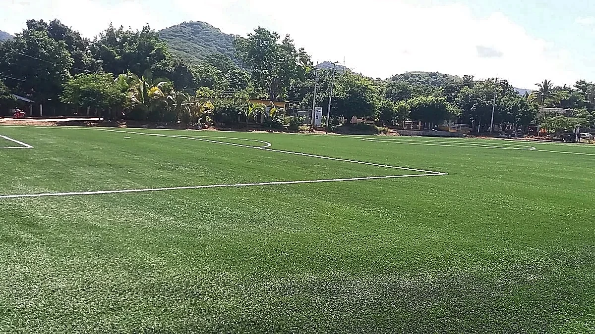 Cancha de fútbol soccer con pasto sintético en Campo Deportivo Palos Altos, Guerrero: vista de la cancha y su entorno