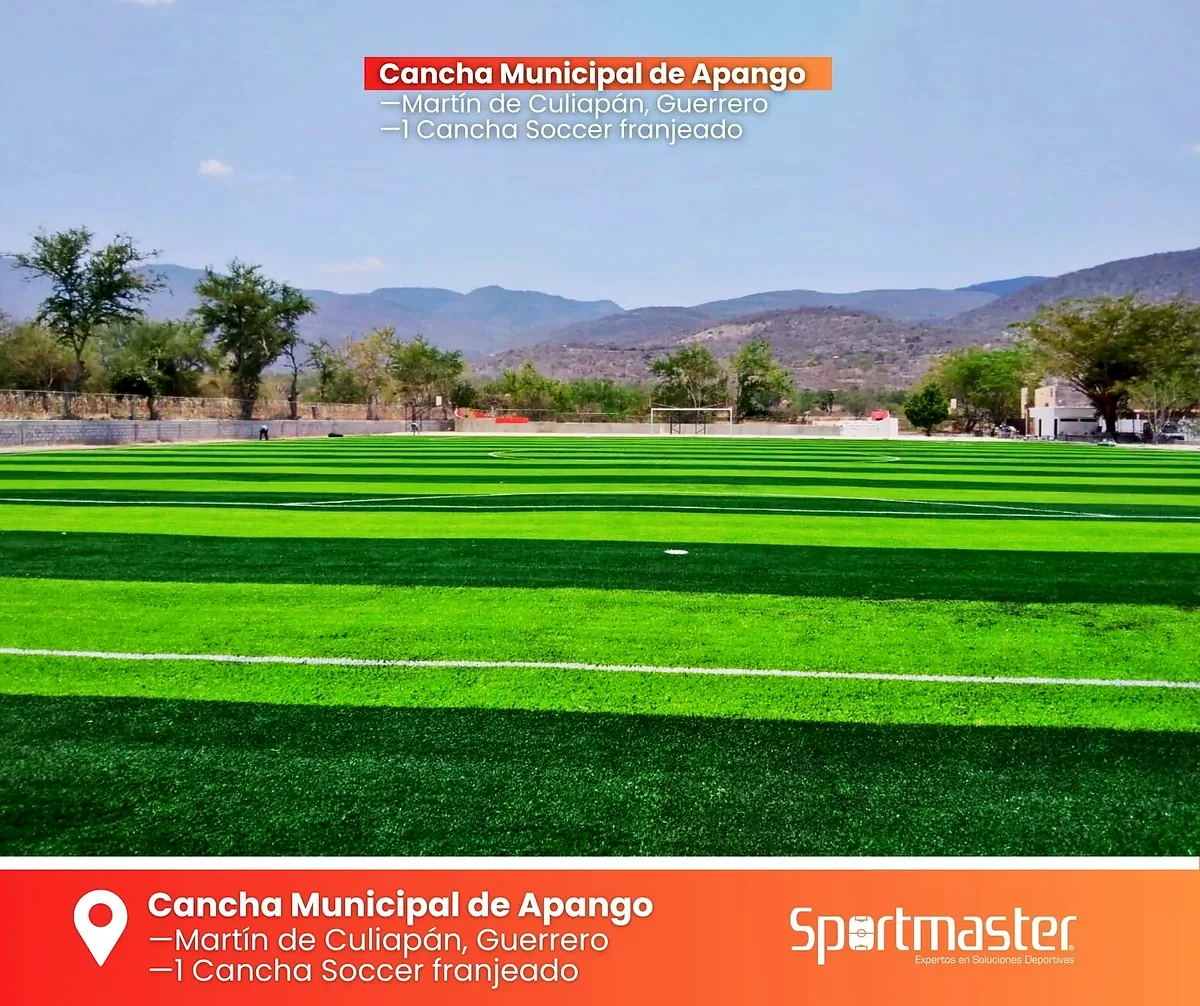 Detalle del pasto sintético de la cancha de fútbol soccer en Mártir de Cuilapan, Guerrero