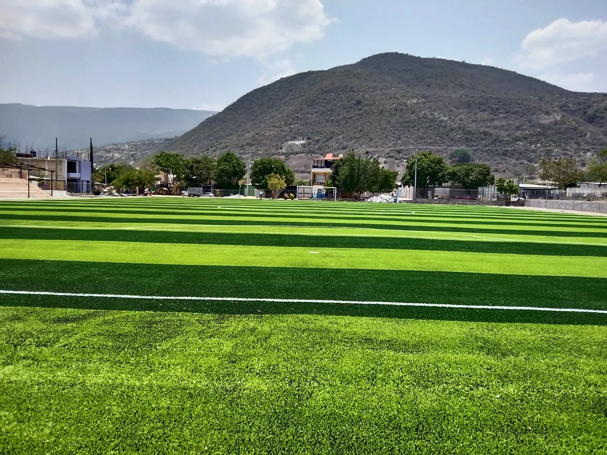 Cancha de fútbol soccer con pasto sintético en Empresa KRONON, Mártir de Cuilapan, Guerrero: otra vista de la cancha