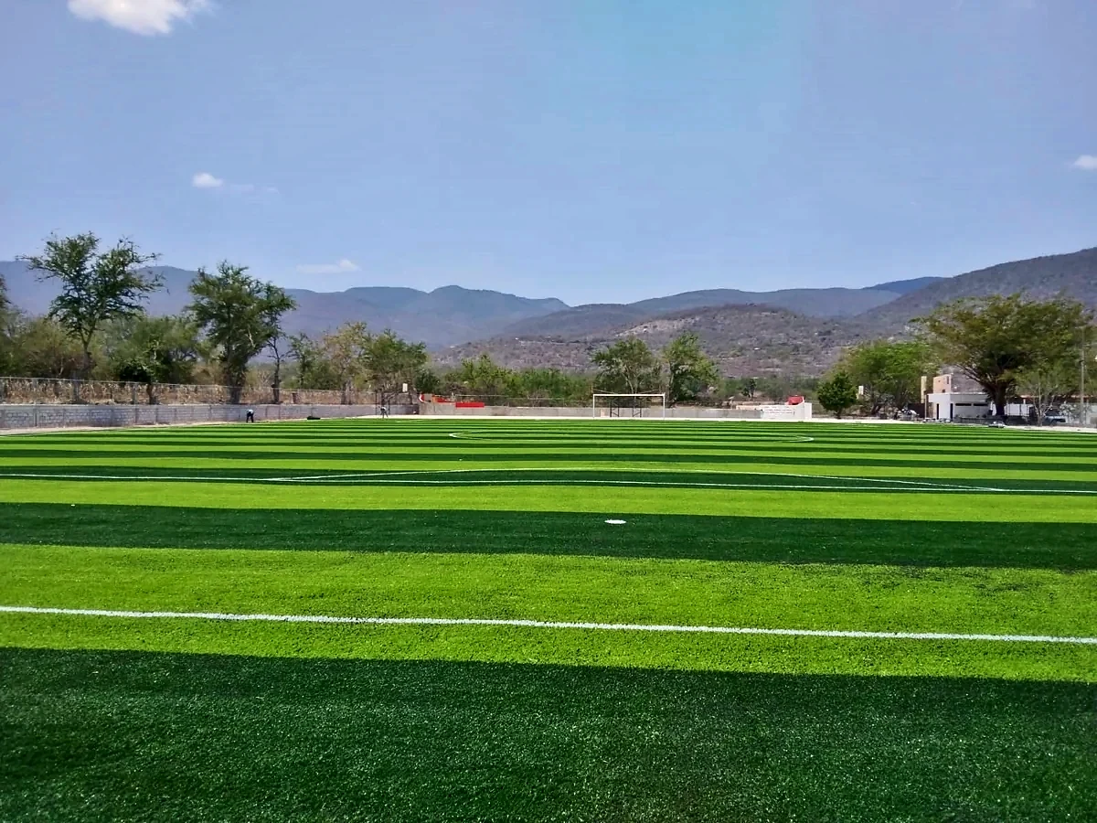 Cancha de fútbol soccer con pasto sintético en Empresa KRONON, Mártir de Cuilapan, Guerrero: pasto sintético deportivo recién cepillado