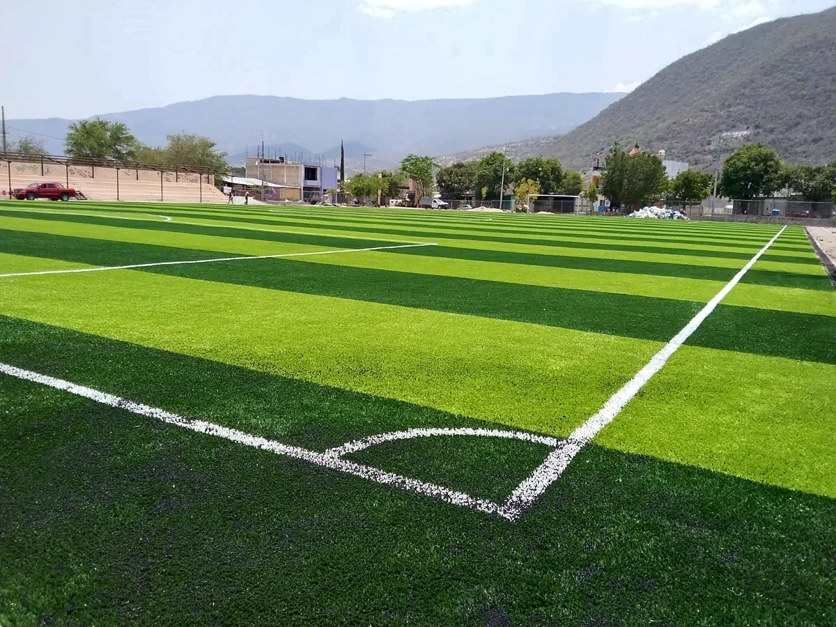 Cancha de fútbol soccer con pasto sintético en Empresa KRONON, Mártir de Cuilapan, Guerrero: la cancha desdel fondo