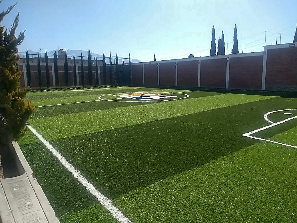 Cancha de fútbol 5 con pasto sintético en Secundaria Marie Curie, Actopan, Hidalgo: la cancha desde la línea lateral