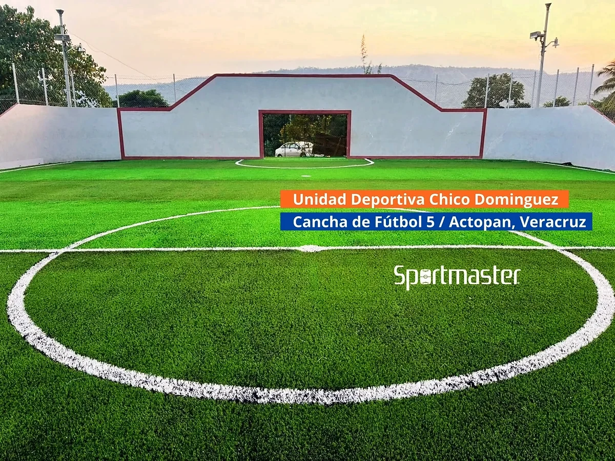 Cancha de fútbol 5 con pasto sintético en Unidad Deportiva Chico Domínguez, Actopan, Hidalgo: líneas insertadas en el pasto sintético
