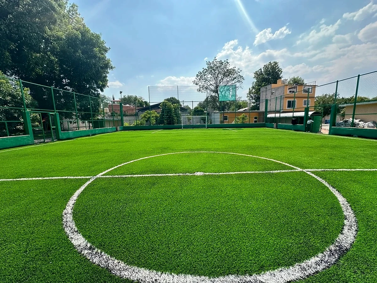 Cancha de fútbol 7 con pasto sintético en Cancha los Pavorreales, Tecozautla, Hidalgo: líneas de juego insertadas en el mismo pasto