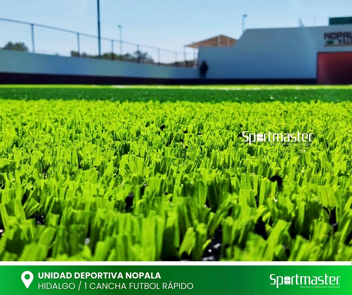 Detalle del pasto sintético de la cancha de fútbol rápido en Nopala de Villagrán, Hidalgo