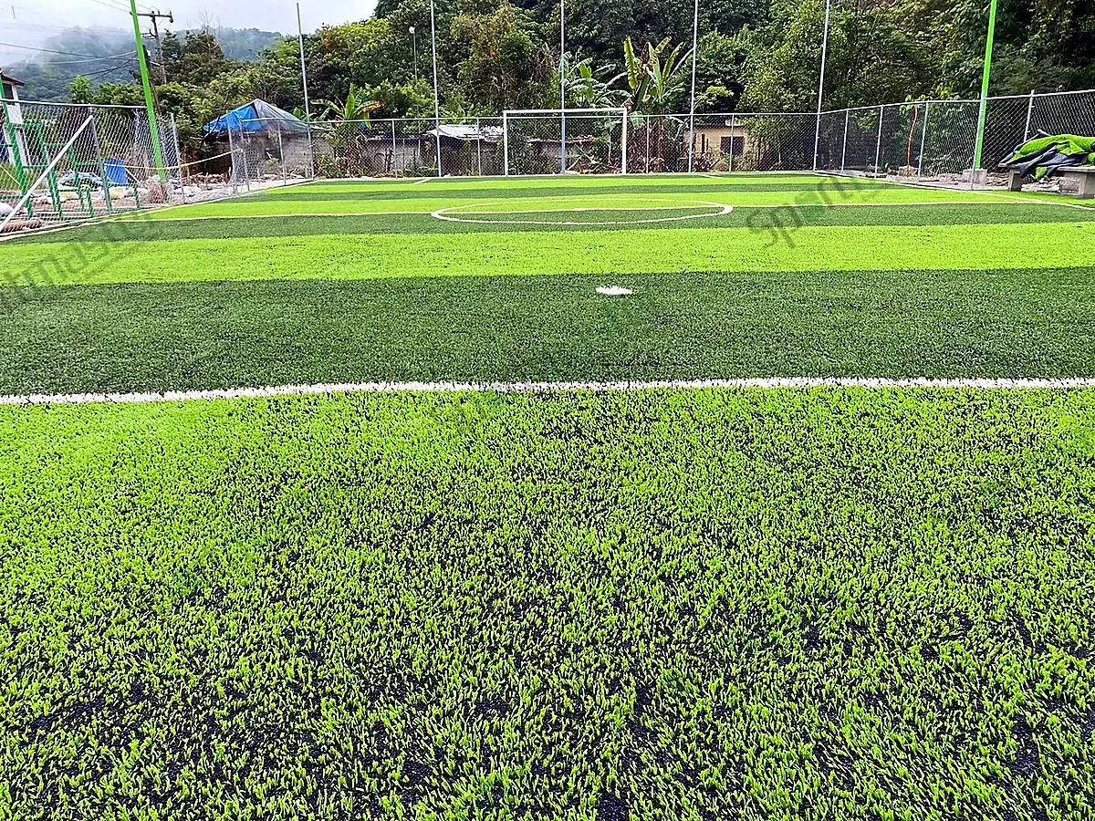Pasto sintético de cancha de fútbol 5 en Xilitla con porterías al fondo