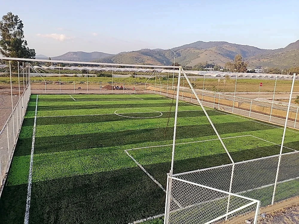 Detalle del pasto sintético de la cancha de fútbol 5 en Ciudad Guzmán, Jalisco