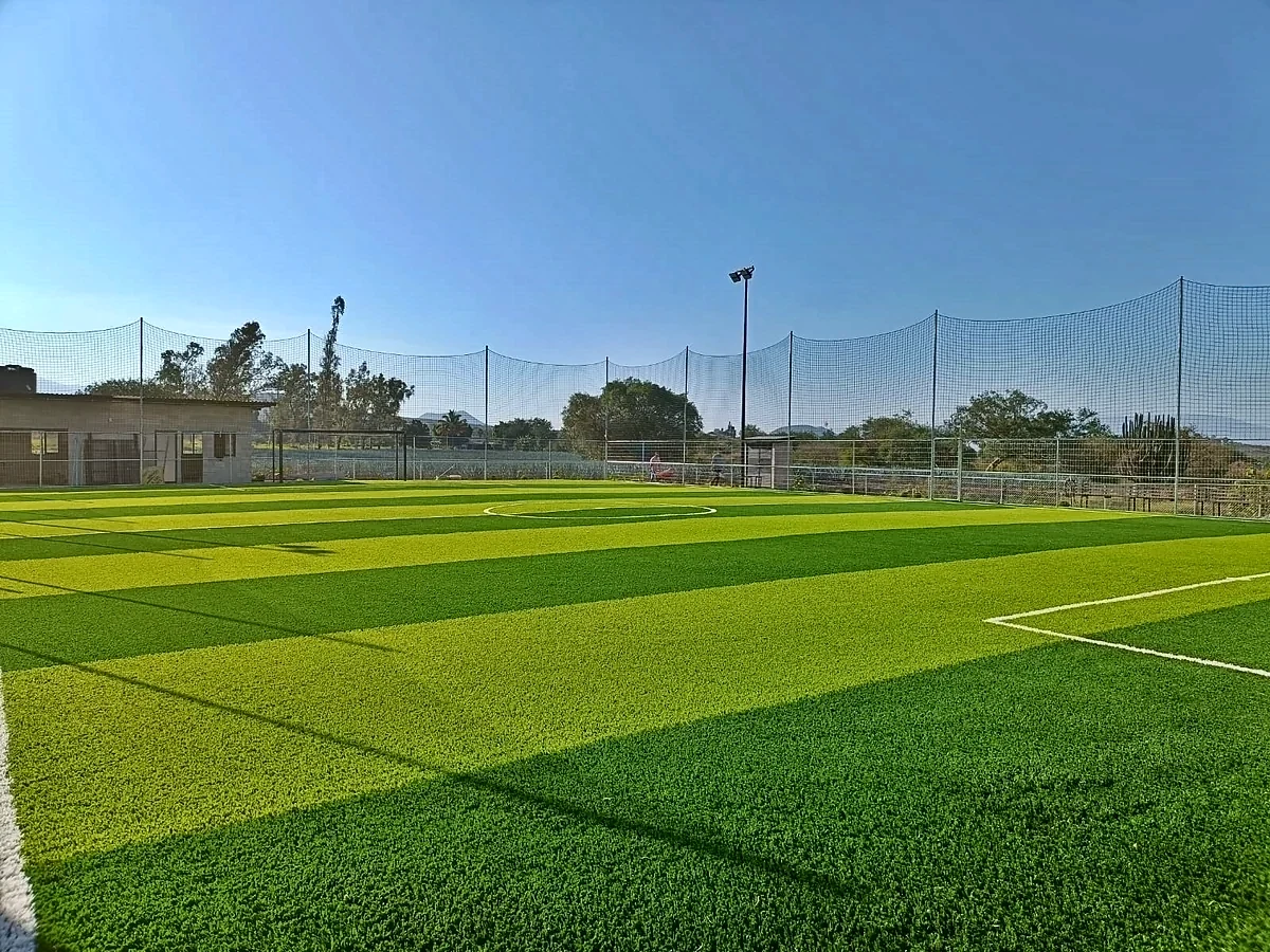 Cancha de fútbol 7 con pasto sintético en San Gabriel, Jalisco: líneas de juego insertadas en el mismo pasto
