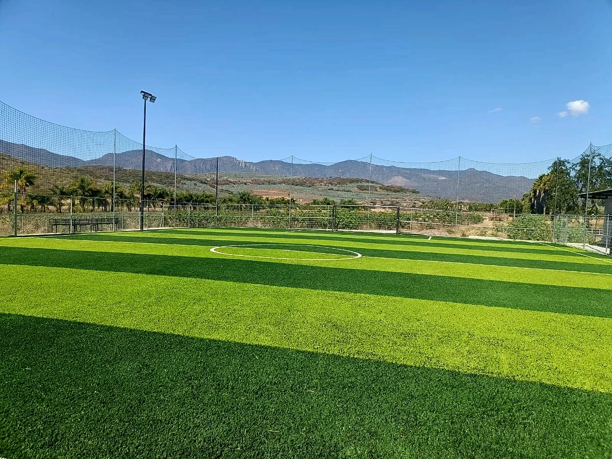Cancha de fútbol 7 con pasto sintético en San Gabriel, Jalisco: la cancha desde la línea lateral
