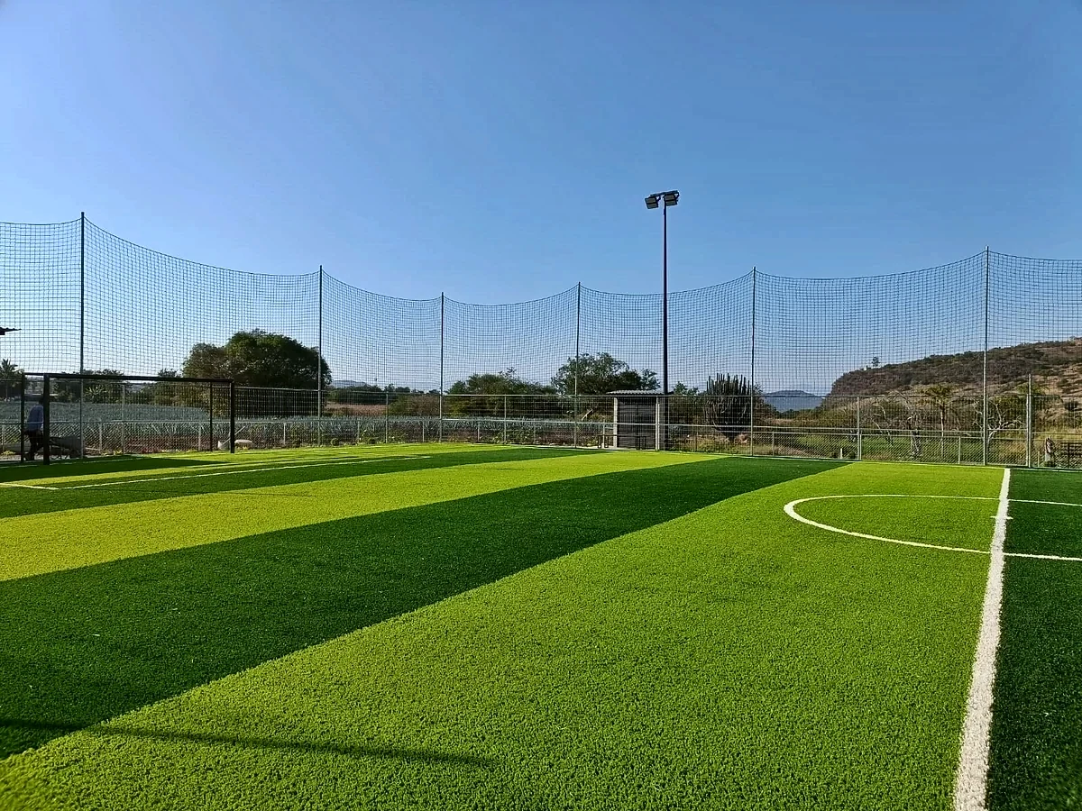 Cancha de fútbol 7 con pasto sintético en San Gabriel, Jalisco: vista de la cancha y su entorno
