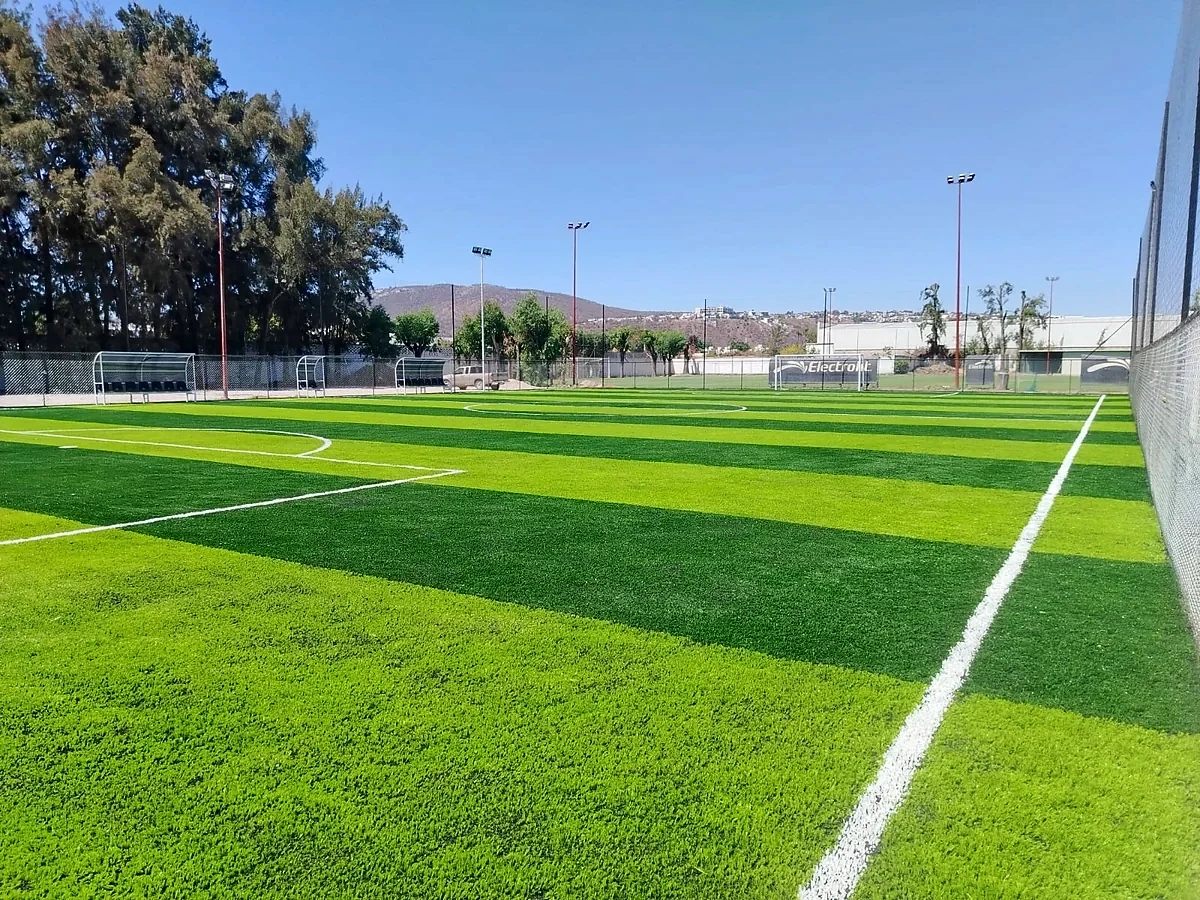 Cancha de fútbol 7 con pasto sintético en Zapopan, Jalisco: pasto sintético deportivo recién cepillado