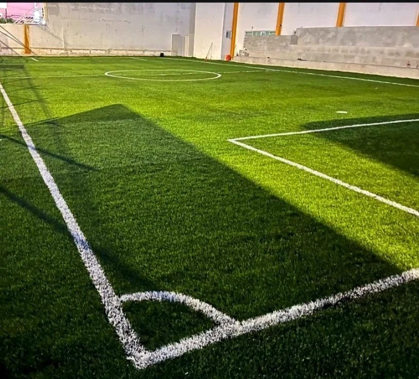 Esquina de la cancha de fútbol 7 con pasto sintético y líneas blancas insertadas en el Colegio Rochavi Altabrisa, Mérida