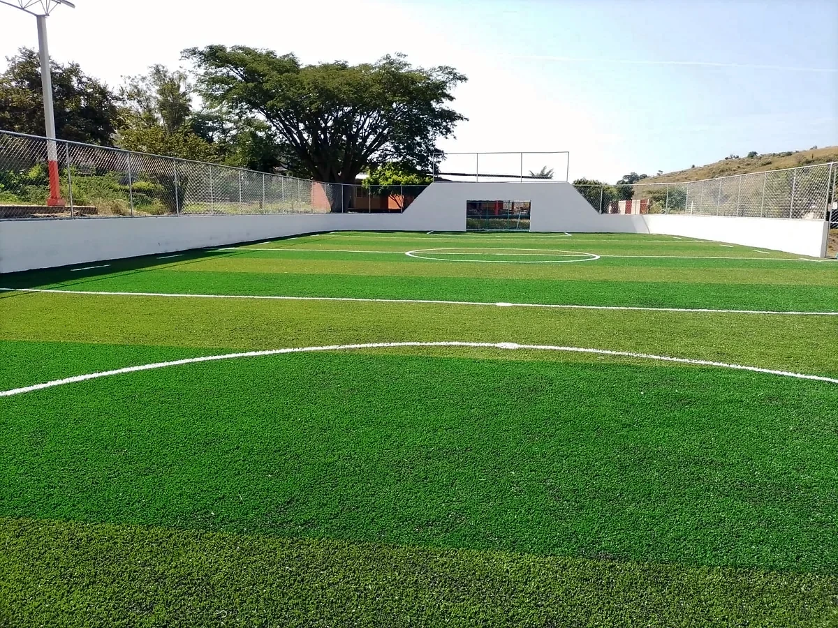 Cancha de fútbol rápido con pasto sintético en Cancha Localidad Santa Ana, Santa Ana de Guerrero, Michoacán: la cancha desde la línea lateral