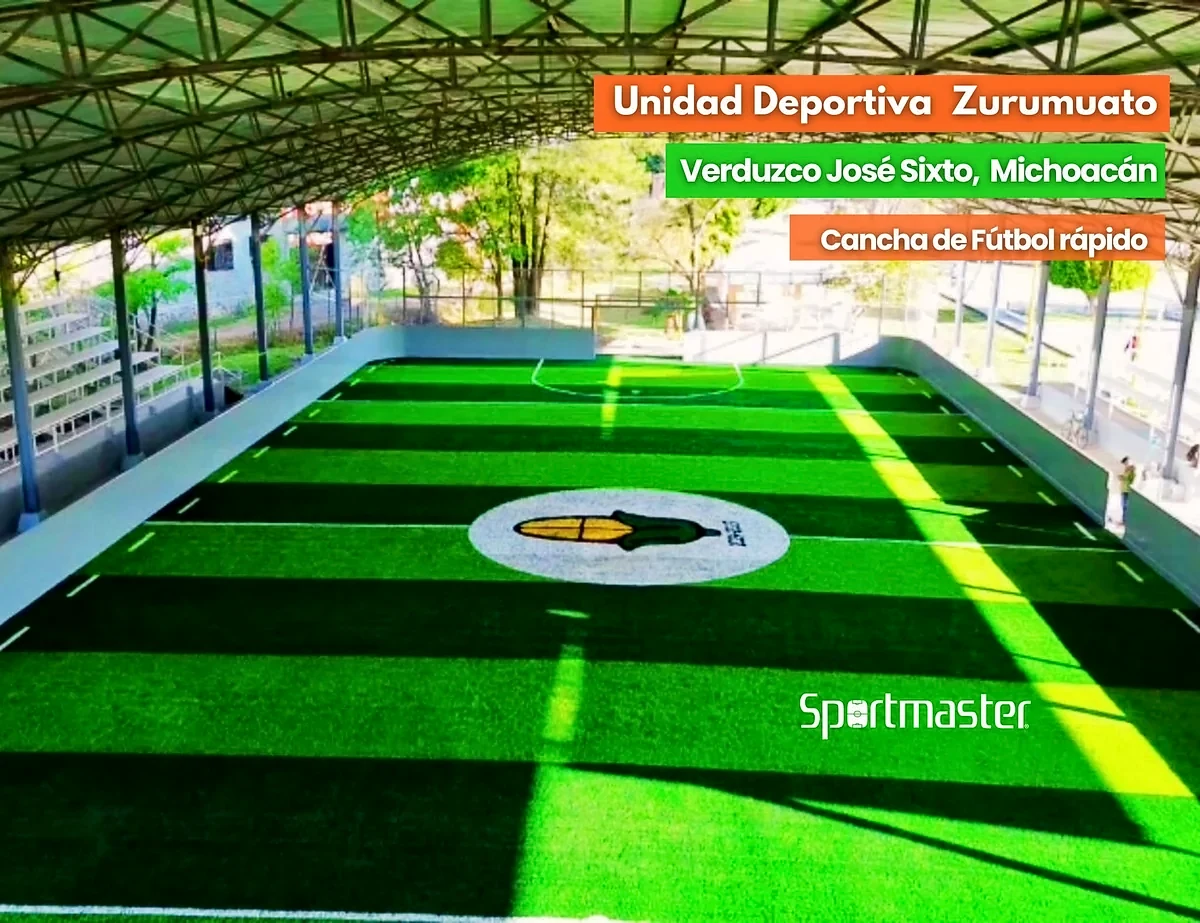 Cancha de fútbol rápido con pasto sintético en Unidad Deportiva Zurumuato, José Sixto Verduzco, Michoacán: otra vista de la cancha