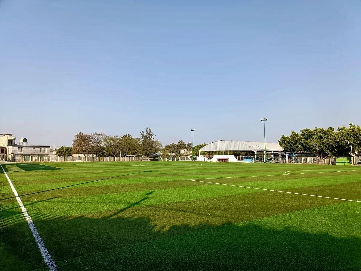 Cancha de fútbol soccer con pasto sintético en Unidad Deportiva Juárez, Benito Juárez, Michoacán: vista de la cancha y su entorno