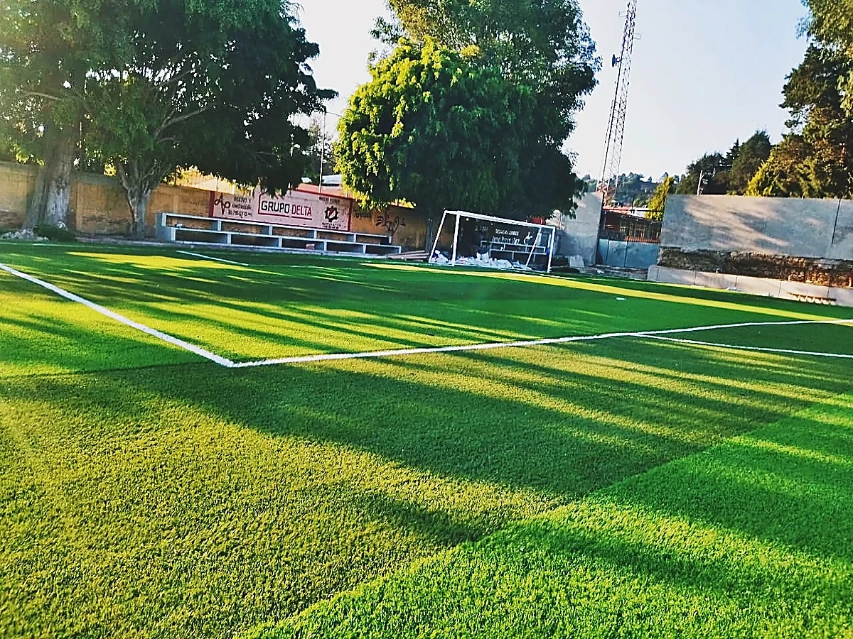 Detalle del pasto sintético de la cancha de fútbol soccer en Tetela del Volcán, Morelos