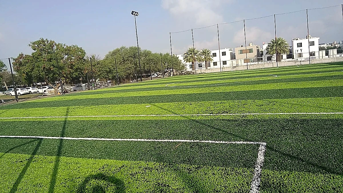 Detalle del pasto sintético de la cancha de fútbol 7 en San Nicolás de los Garza, Nuevo León