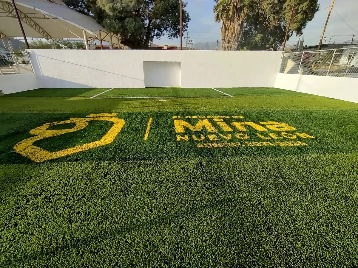 Cancha de fútbol rápido con pasto sintético en Mina, Nuevo León: líneas de juego insertadas en el pasto