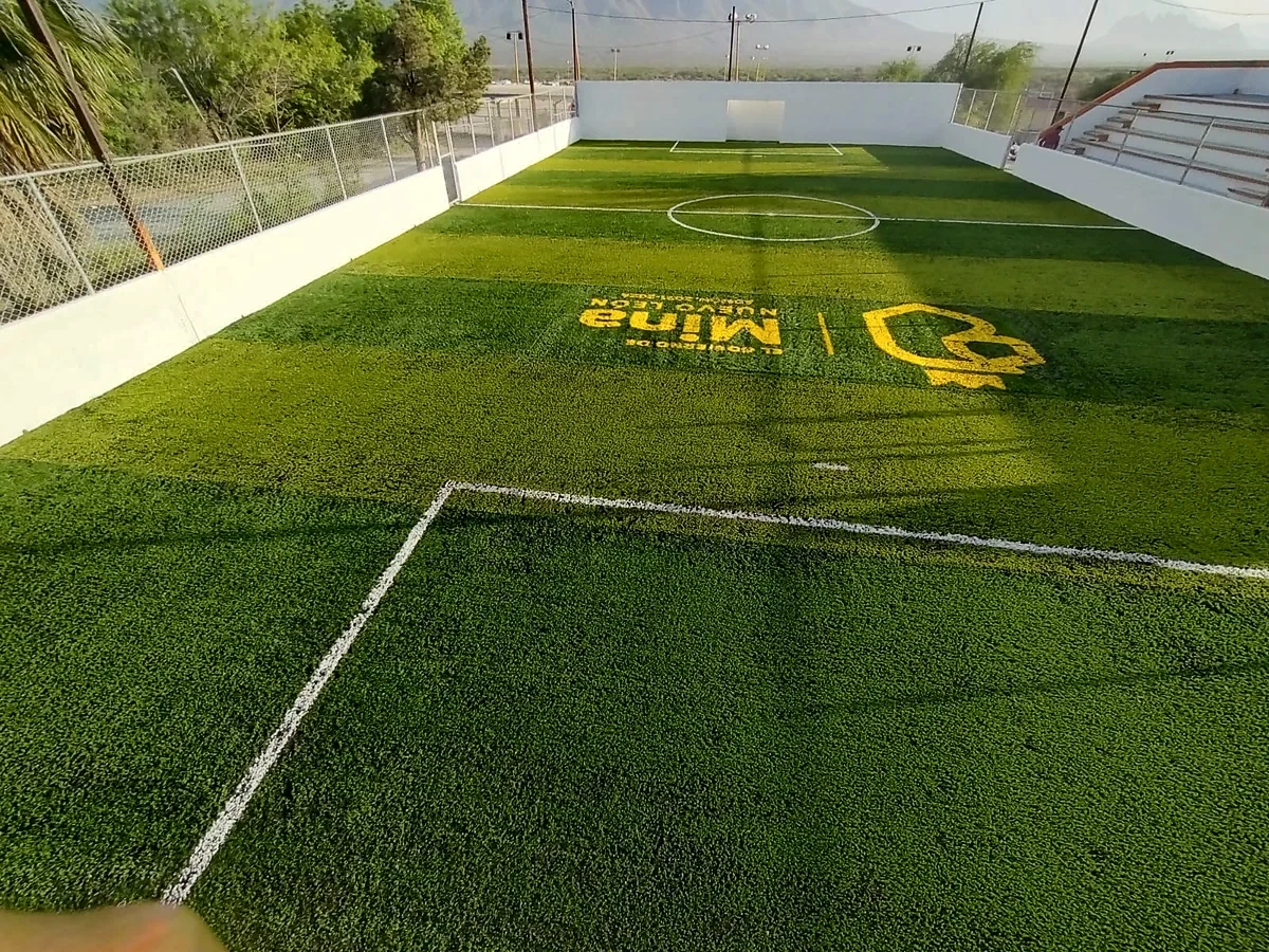 Cancha de fútbol rápido con pasto sintético en Mina, Nuevo León: pasto sintético deportivo recién cepillado