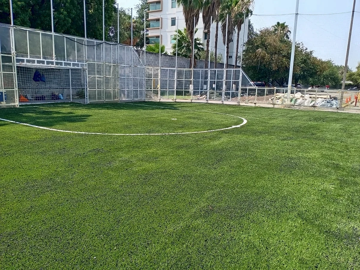 Cancha de fútbol rápido con pasto sintético en San Nicolás de los Garza, Nuevo León: la cancha desde la línea lateral