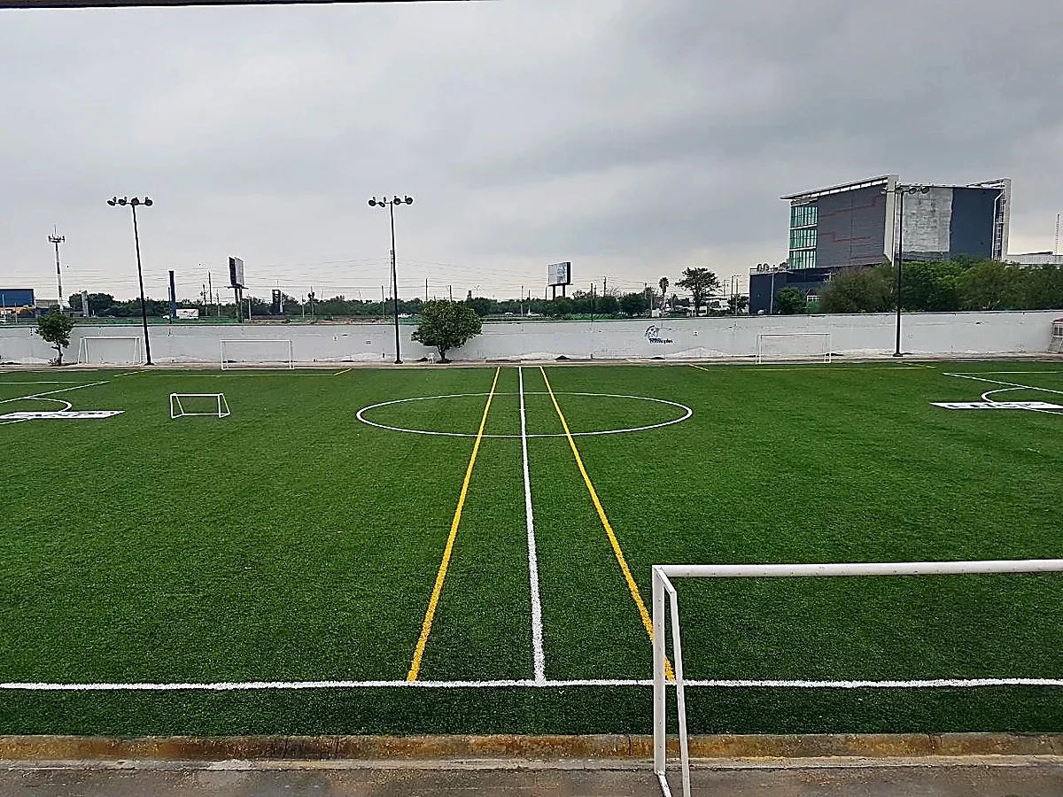 Cancha de fútbol soccer con pasto sintético en Deportivo Cosmoplus 1, Apodaca, Nuevo León: pasto sintético deportivo recién cepillado