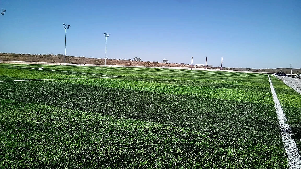 Detalle del pasto sintético de la cancha de fútbol soccer en General Bravo, Nuevo León