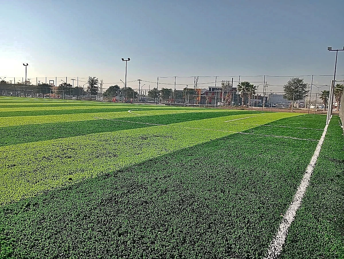 Cancha de fútbol soccer con pasto sintético en Macroparque San Martin Cantoral, Pesquería, Nuevo León: la cancha desde la línea lateral