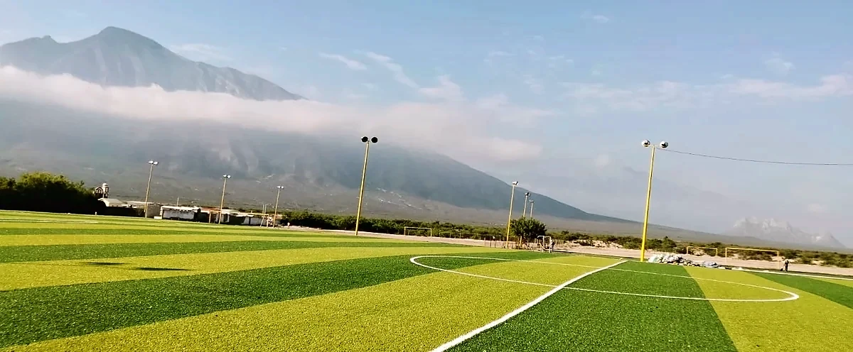Cancha de fútbol soccer con pasto sintético en Mina, Nuevo León: líneas de juego insertadas en el pasto