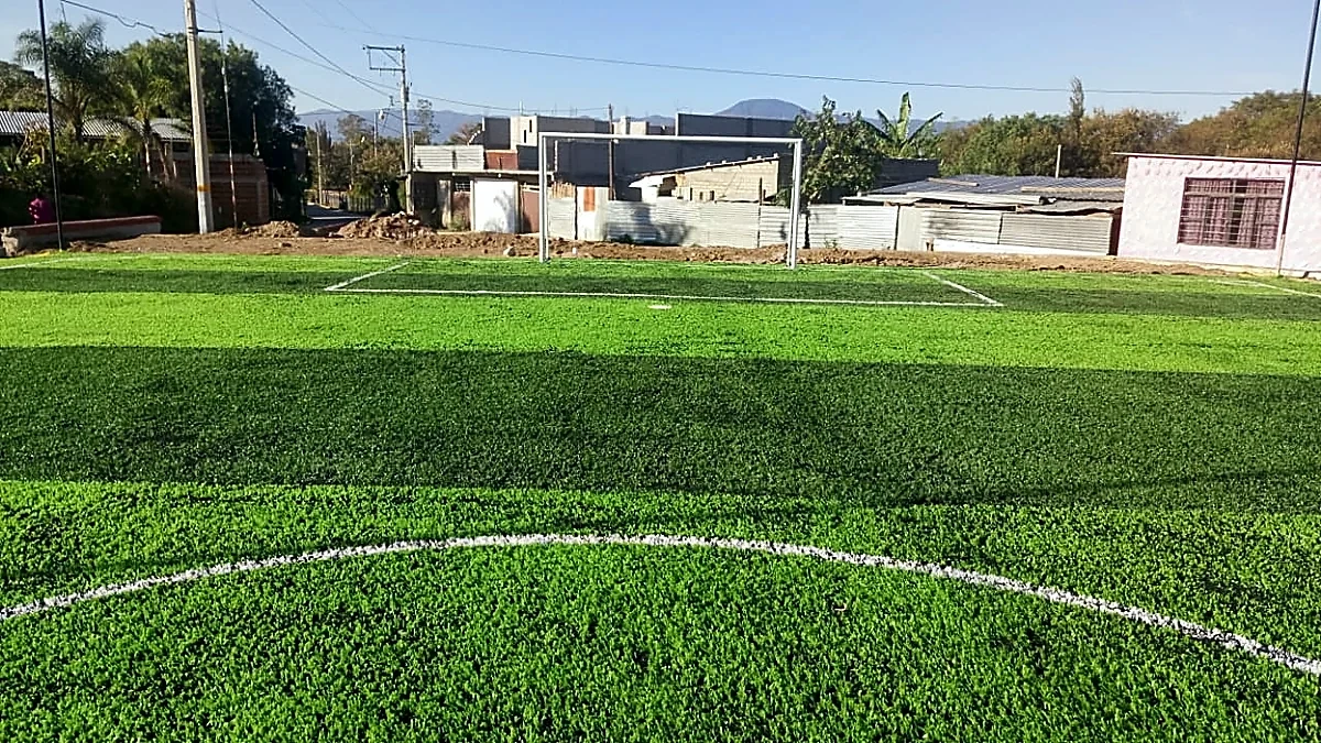 Cancha de fútbol 5 con pasto sintético en Campo Deportivo de Apasco, Magdalena de Apasco, Oaxaca: la cancha desde la línea lateral
