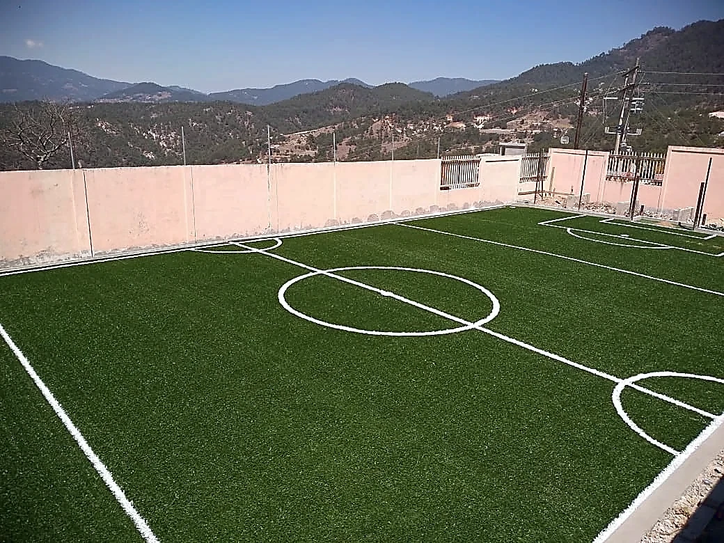 Cancha de fútbol 5 con pasto sintético en Escuela Primaria Alvaro Obregon, San Miguel el Grande, Oaxaca: líneas insertadas en el pasto sintético