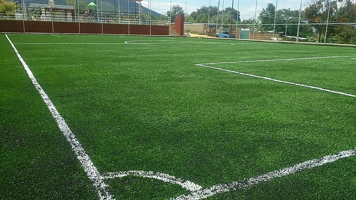 Cancha de fútbol 7 con pasto sintético en Campo Deportivo San Andres Huayapam, Oaxaca: pasto sintético deportivo recién cepillado