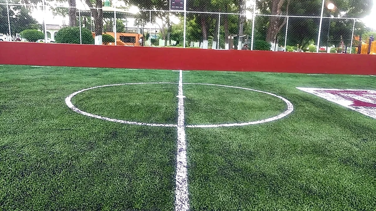 Cancha de fútbol rápido con pasto sintético en Parque Municipal el Espinal Oaxaca, Oaxaca: la cancha desdel fondo