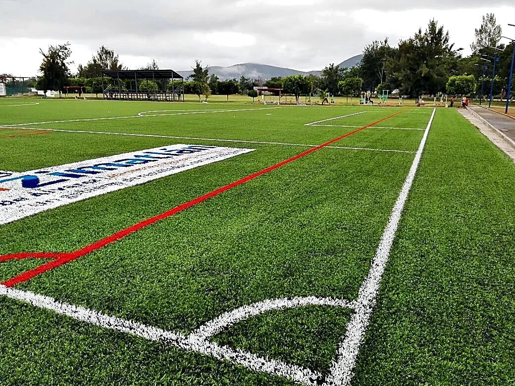 Cancha de fútbol soccer con pasto sintético en Zimatlán de Álvarez, Oaxaca: vista de la cancha y su entorno