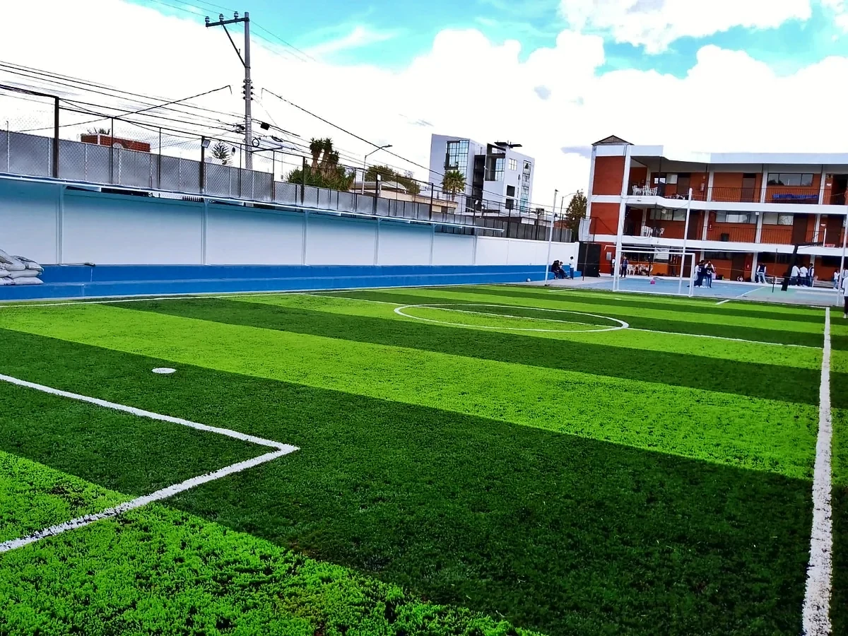 Cancha de fútbol 5 con pasto sintético en Puebla, Puebla: la cancha desde la línea lateral