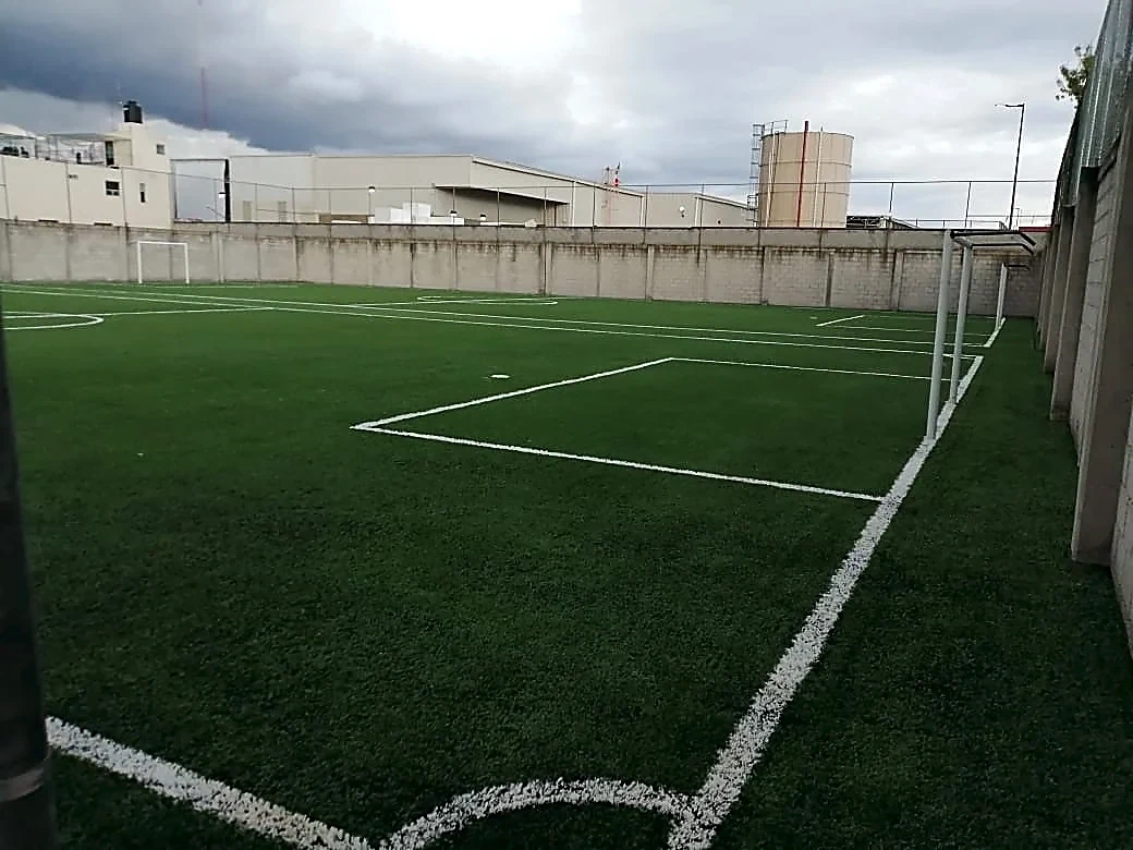 Cancha de fútbol 7 con pasto sintético en Colegio Puebla, Puebla: vista de la cancha y su entorno
