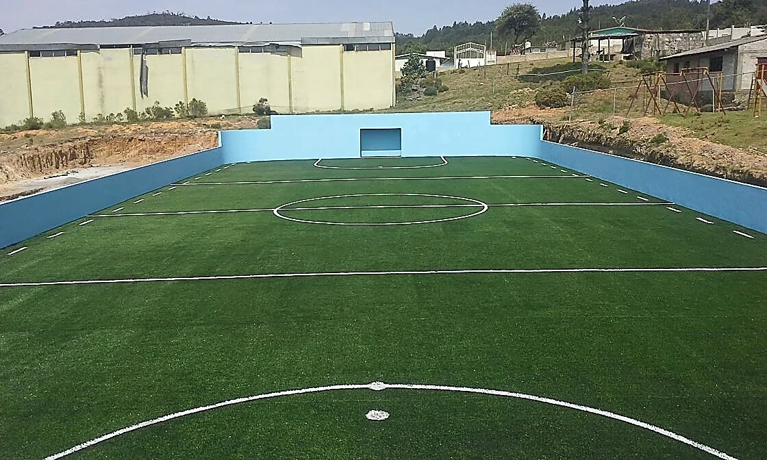 Cancha de fútbol rápido con pasto sintético en Teotlalco, Teotlalco, Vicente Guerrero, Puebla: líneas de juego insertadas en el pasto