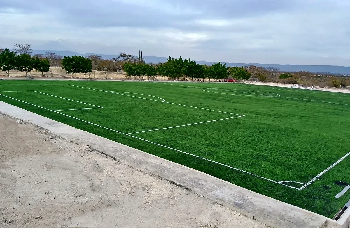 Cancha de fútbol soccer con pasto sintético en Santa Catarina Tlaltempan, Puebla: pasto sintético deportivo recién cepillado