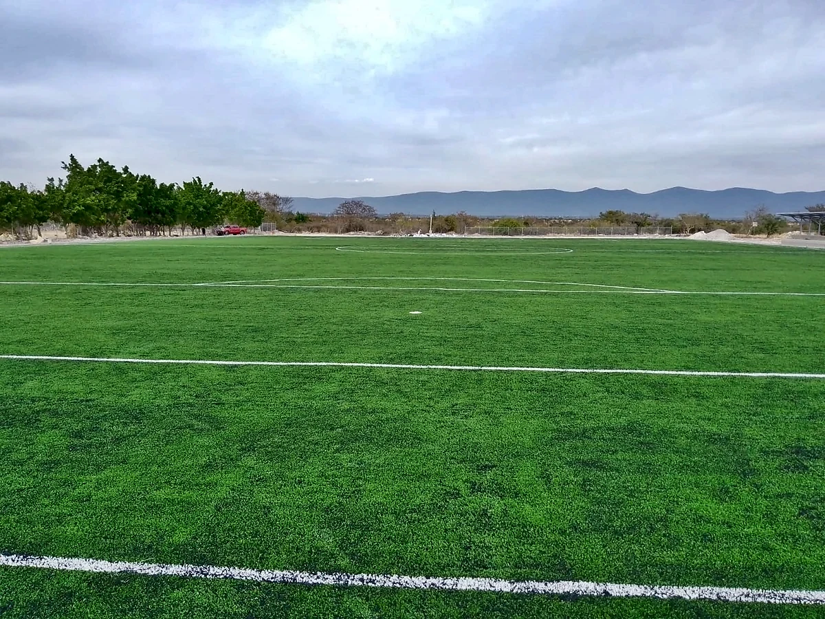 Cancha de fútbol soccer con pasto sintético en Santa Catarina Tlaltempan, Puebla: vista de la cancha y su entorno