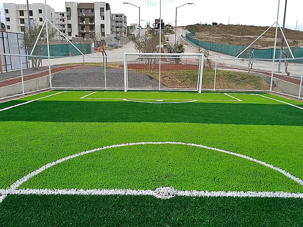 Cancha de fútbol 5 con pasto sintético en Carpin, Querétaro, Querétaro: la cancha desdel fondo