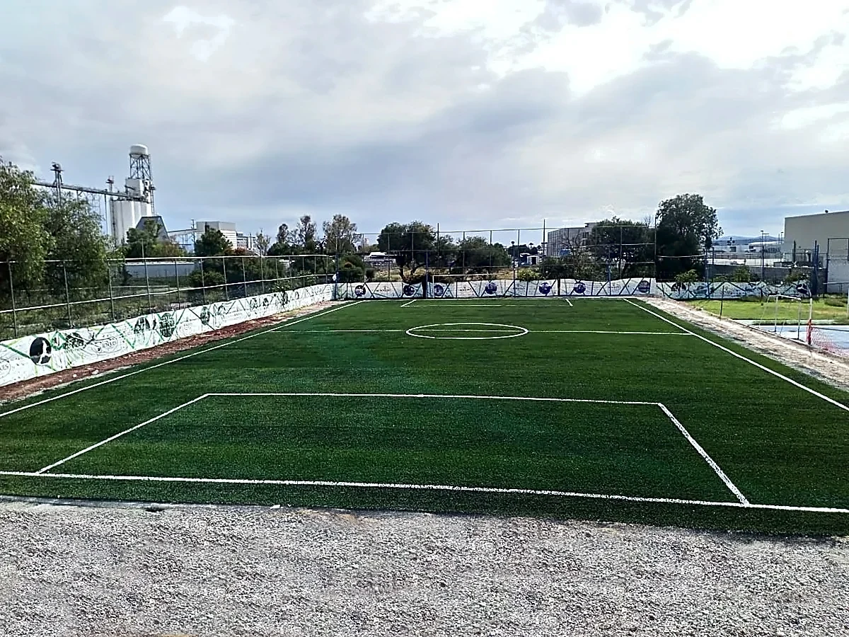 Cancha de fútbol 7 con pasto sintético en Colegio Bosques, Querétaro, Querétaro: la cancha desde la línea lateral