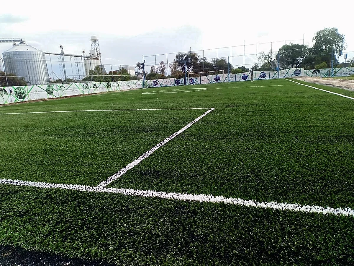 Detalle del pasto sintético de la cancha de fútbol 7 en Querétaro, Querétaro