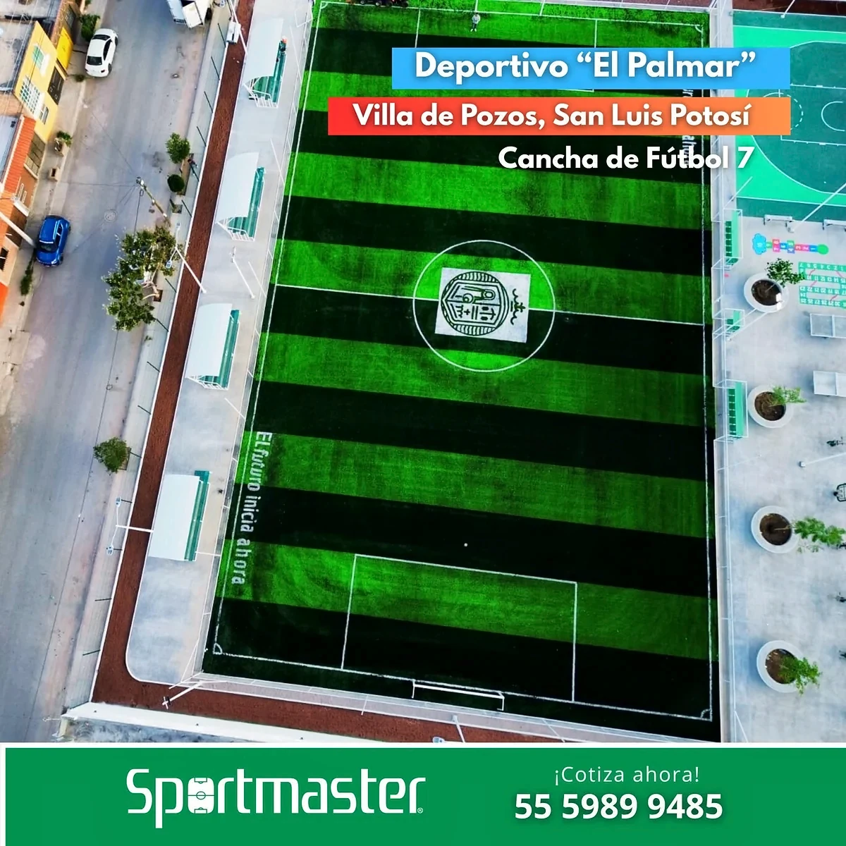 Cancha de fútbol 7 con pasto sintético en Deportivo El Palmar, Villa de Pozos, San Luis Potosí: pasto sintético deportivo recién cepillado