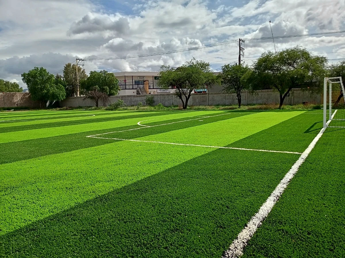 Cancha de fútbol 7 con pasto sintético en Escuela Secundaria Técnica No. 90, San Luis Potosí, San Luis Potosí: otra vista de la cancha de fútbol 7