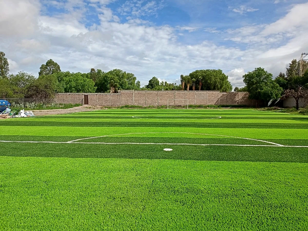 Cancha de fútbol 7 con pasto sintético en Escuela Secundaria Técnica No. 90, San Luis Potosí, San Luis Potosí: vista de la cancha y su entorno